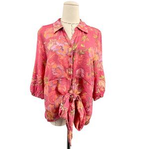 Alex & Parker Floral Pattern Tie‎ Front Blouse Collared Womens Size Large Boho